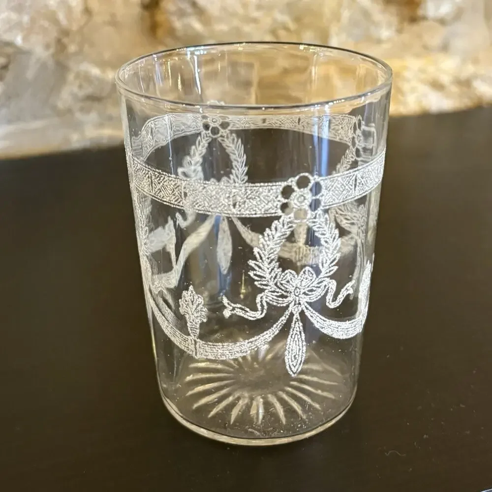 Vintage White Enamel Bow Swag Garland Juice Glass Tumblers Optic Panel Set of 6